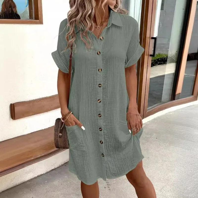 Button-Up Cotton Shirt Dress with Pockets