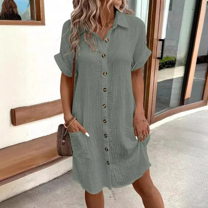 Button-Up Cotton Shirt Dress with Pockets