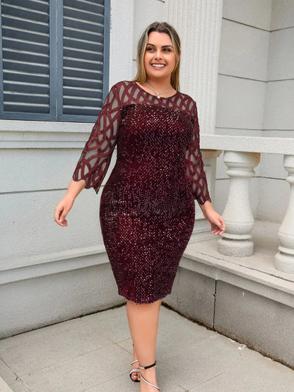 Burgundy Sequin Mesh Midi Dress