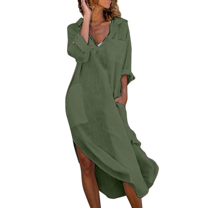 Oversized Linen-Cotton Shirt Dress – Casual Long Sleeve Midi Dress with Pockets