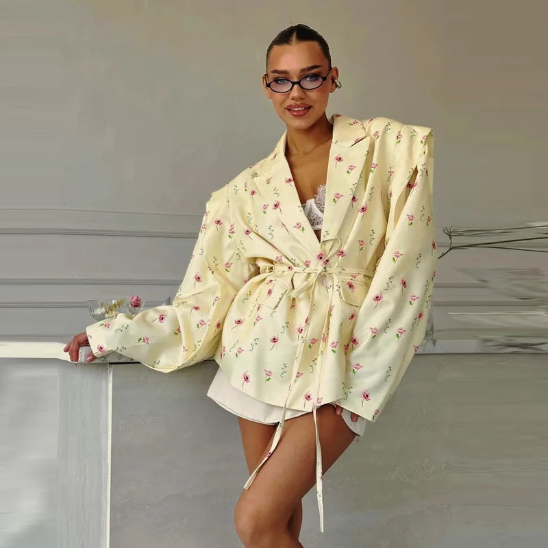 Elegant Yellow Tie-Waist Blazer – Oversized Statement Jacket