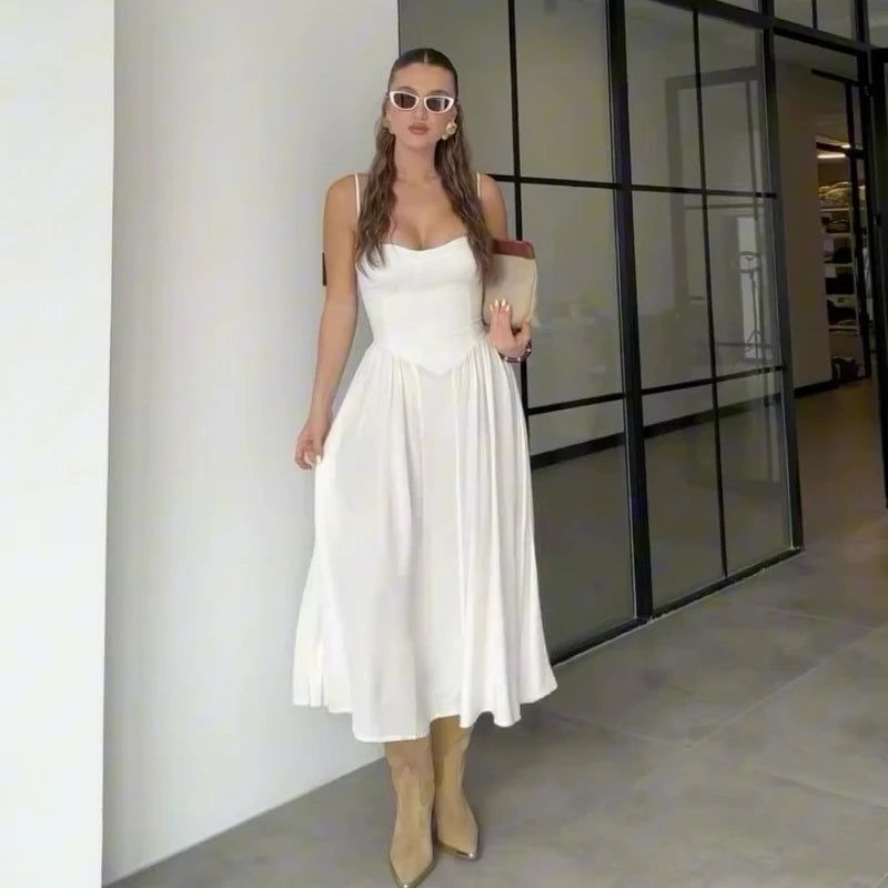 Pink Spaghetti Strap Fit & Flare Midi Dress