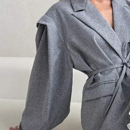Elegant Yellow Tie-Waist Blazer – Oversized Statement Jacket