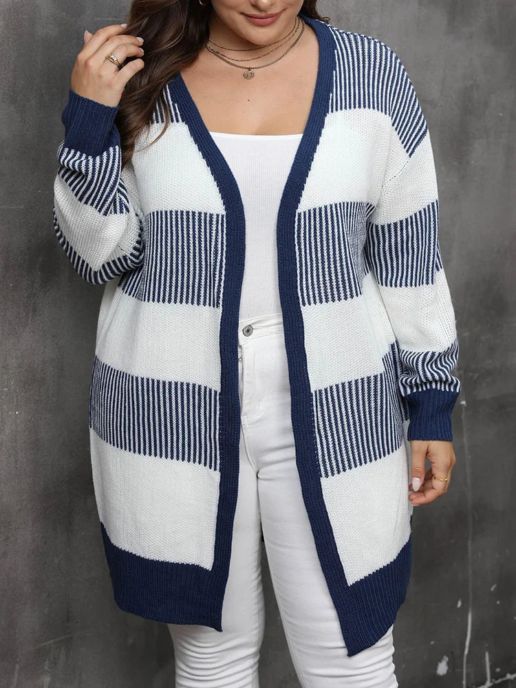 Plus Size Striped Open-Front Knit Cardigan
