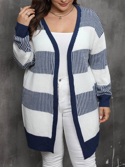 Plus Size Striped Open-Front Knit Cardigan