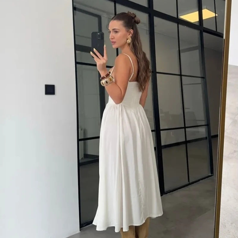 Pink Spaghetti Strap Fit & Flare Midi Dress