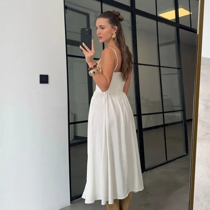 Pink Spaghetti Strap Fit & Flare Midi Dress