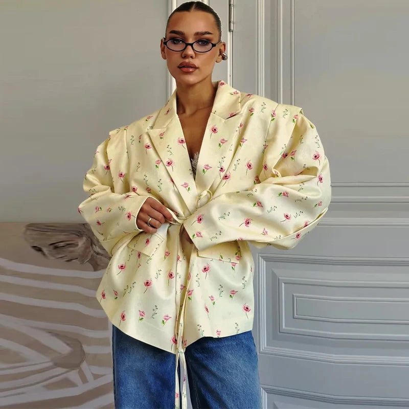 Elegant Yellow Tie-Waist Blazer – Oversized Statement Jacket