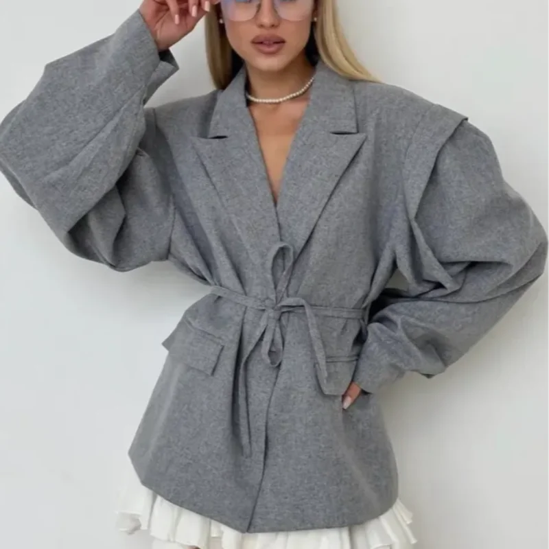 Elegant Yellow Tie-Waist Blazer – Oversized Statement Jacket