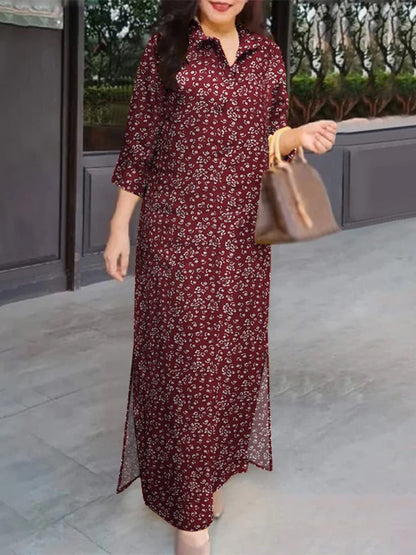 Vintage Floral Patchwork Maxi Shirt Dress – 3/4 Sleeve Cotton Lapel Dress