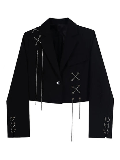Cropped Black Blazer with Chain & Metal Detailing